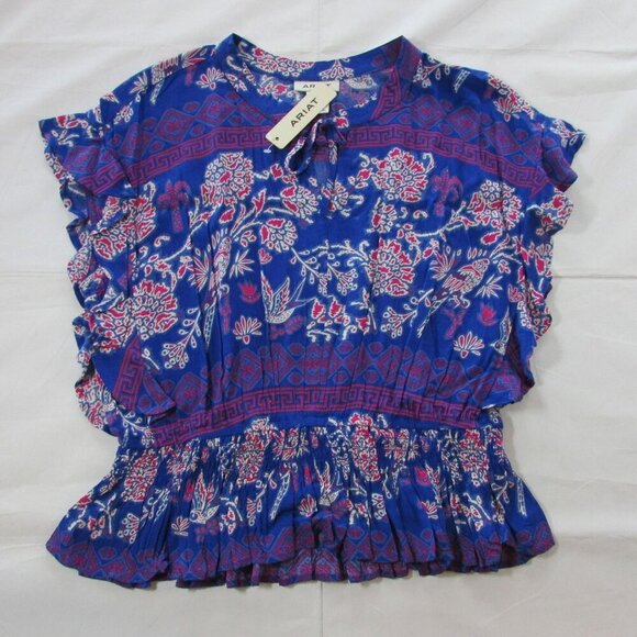 Ariat Women's Ruffle Sleeve Cortez Candelia Print Blouse Top Blue - Picture 2 of 4